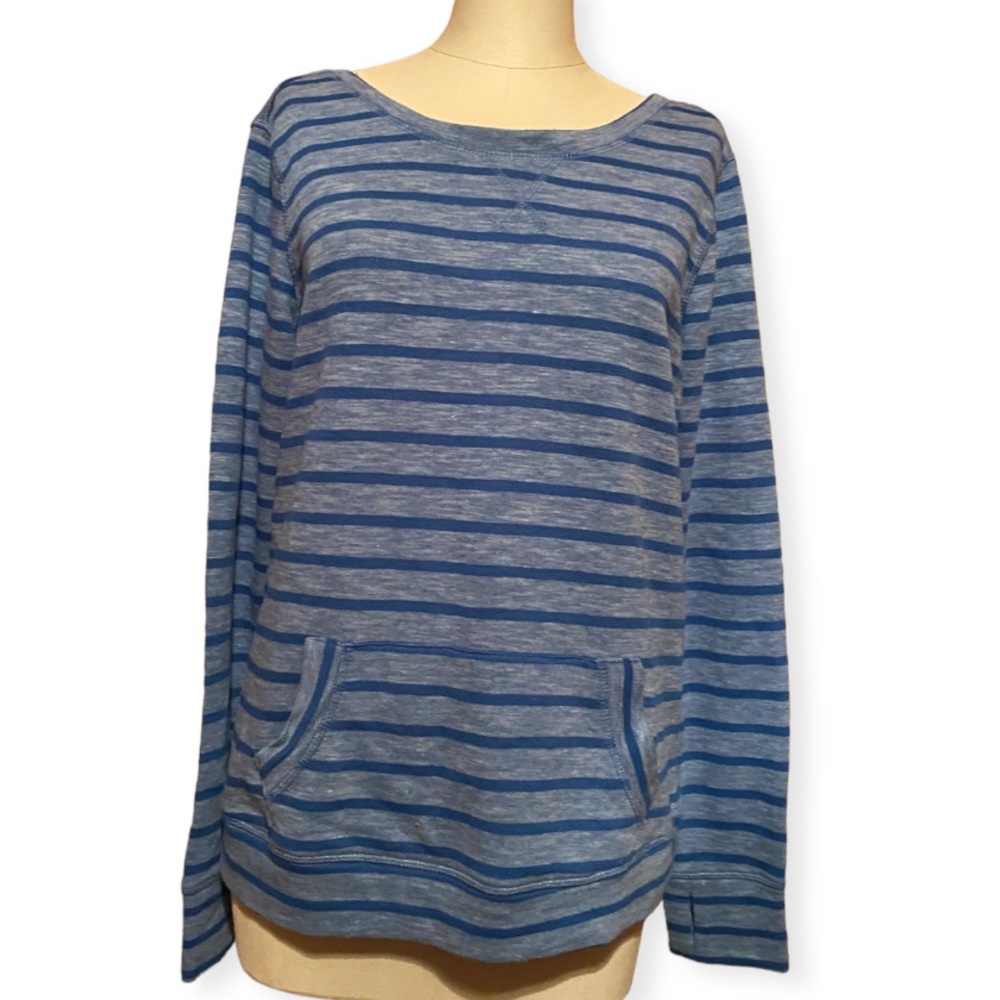 BAKU long sleeve heathered blue-stripe top with swoop back and front pocket 1X